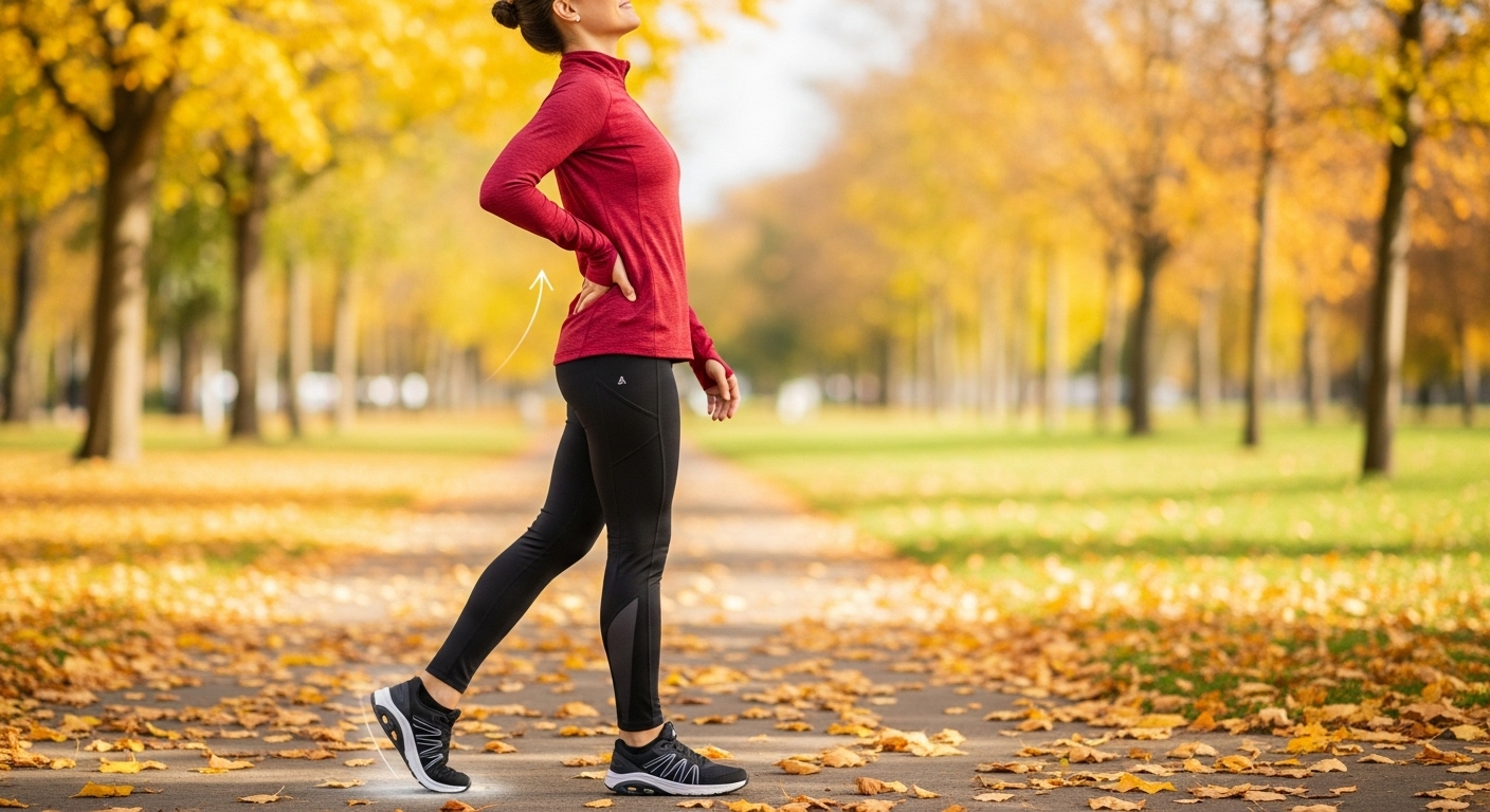 A person walking in athletic shoes with visible custom orthotic inserts, highlighting back pain relief and posture improvement.