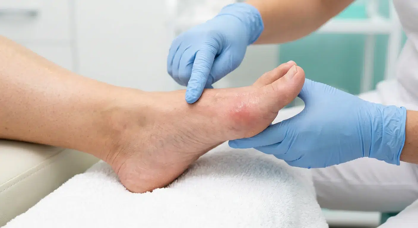 Chiropodist assessing a painful bunion at a Whitby foot clinic