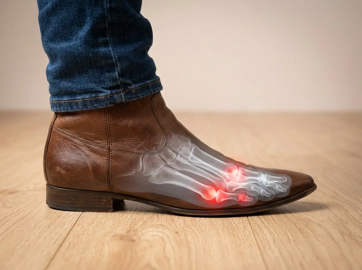 Foot pain from boots shown as red pressure points at the little toe and bunion joint inside a narrow toe box